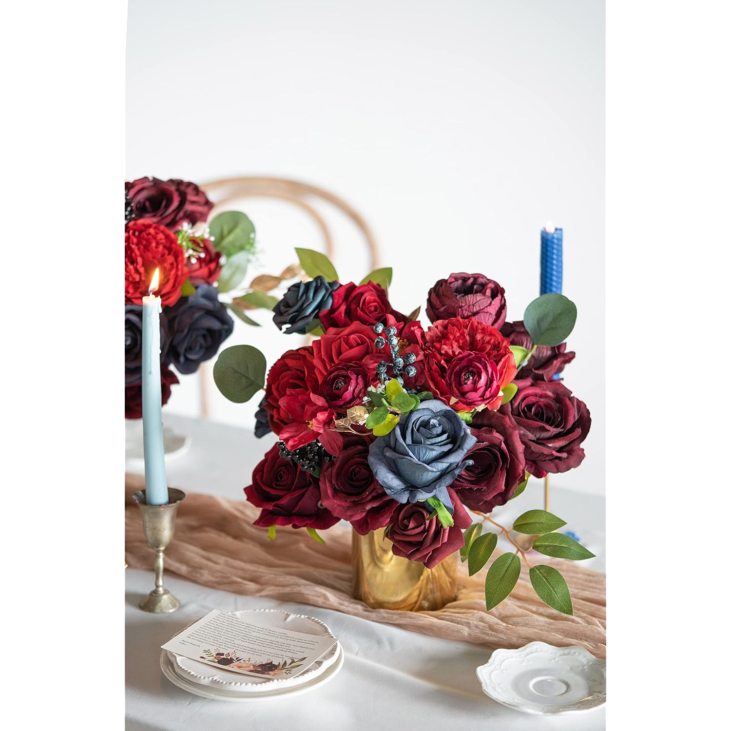 Artificial Flowers Wedding Flowers Combo For Silk Fake Flowers Roses For Diy Wedding Bouquets Burgundy Centerpieces Arrangements Party Bridal Baby Shower Home Decorations (Burgundy & Navy)
