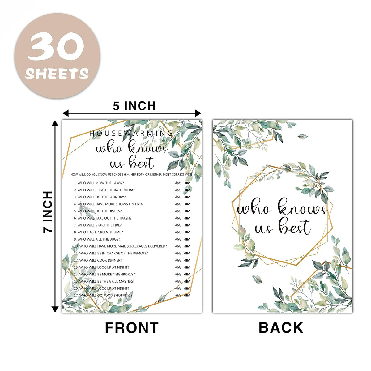 Housewarming Party Games, Who Knows Us Best, Greenery New Home, New House, New Homeowner Party Games Cards, 30 Sheets Each Pack