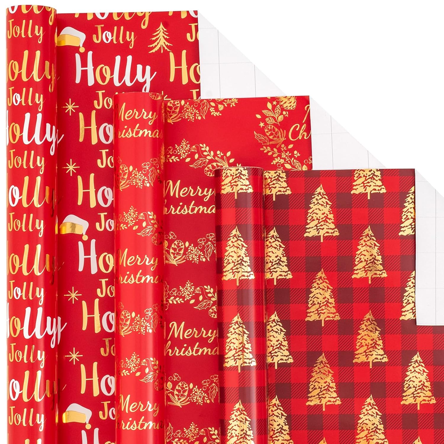 Red Gold Christmas Wrapping Paper Mini Roll, Christmas Tree Buffalo Plaid, Holly Jolly, Wreath Metallic Foil Holiday Gift Wrap, Arts Craft, For Xmas Winter Party, 17 X 120 Inches, 3 Rolls