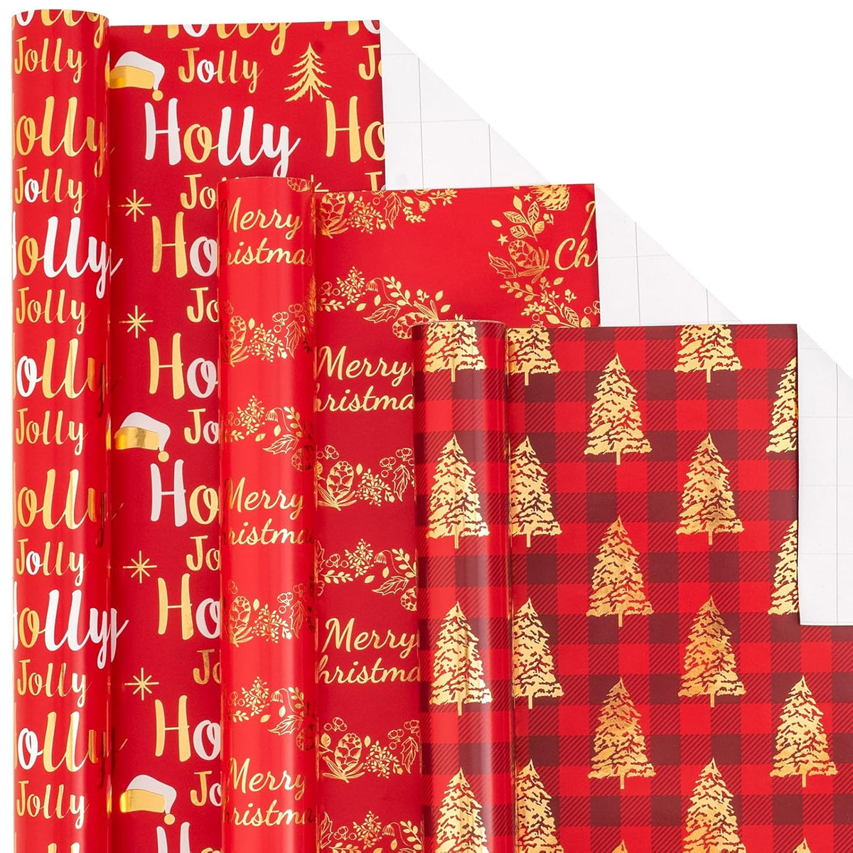Red Gold Christmas Wrapping Paper Mini Roll, Christmas Tree Buffalo Plaid, Holly Jolly, Wreath Metallic Foil Holiday Gift Wrap, Arts Craft, For Xmas Winter Party, 17 X 120 Inches, 3 Rolls