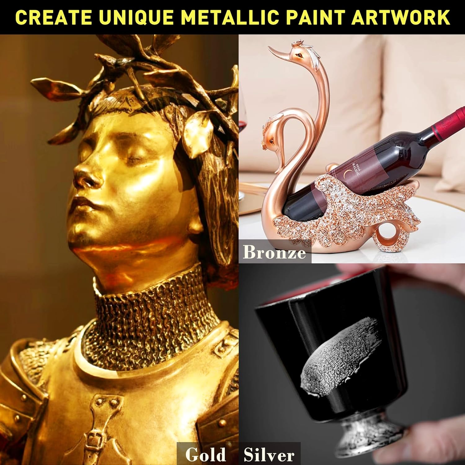 Acrylic Paint Set, Metallic Gold & Silver & Bronze, Gold Leaf Paint For Art Painting Handcrafts, Idea Paints For Fabric Furniture Wood Clay Canvas Craft Supplies (3Pcs, 125G/Bottle)