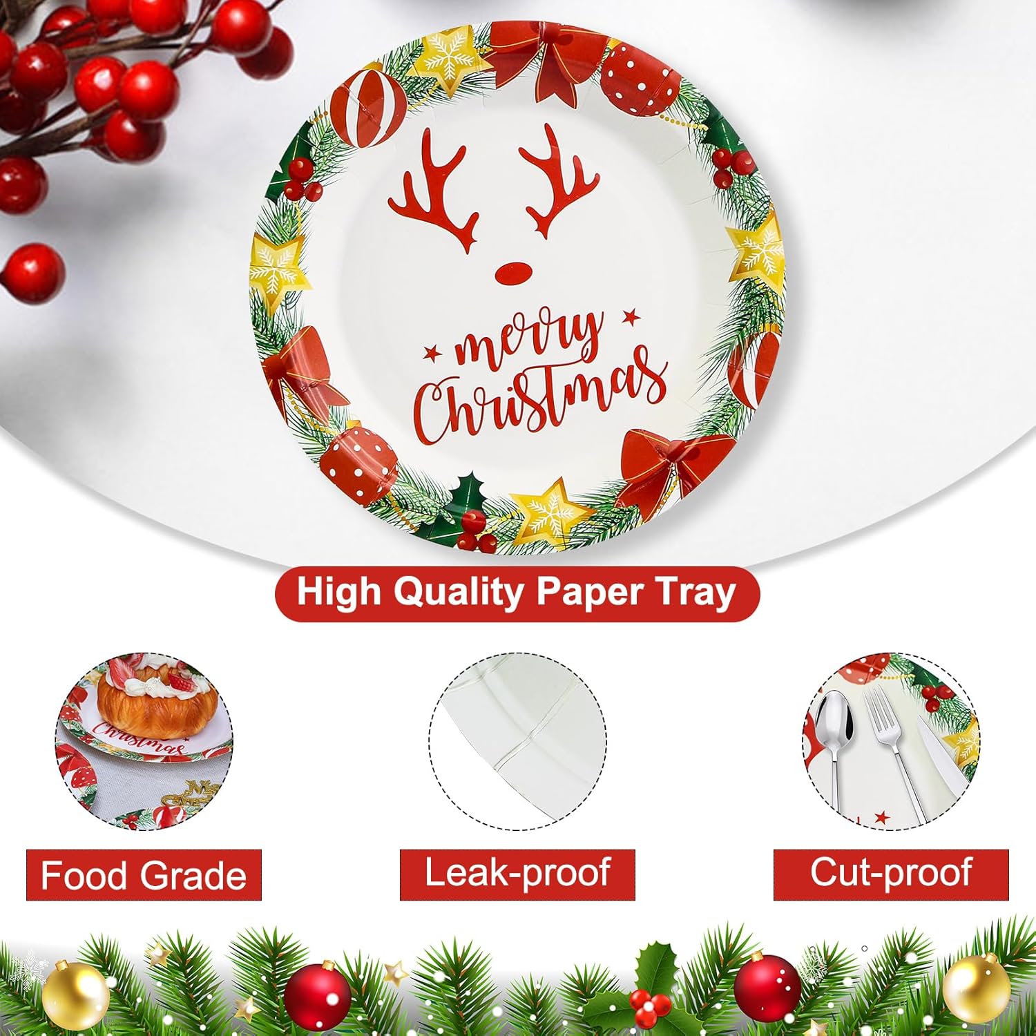 50 Pack Christmas Paper Plates 7 Inch, Merry Christmas Antlers Disposable Paper Plates Christmas Dessert Plates Salad Plates For Christmas Party Supplies (White)