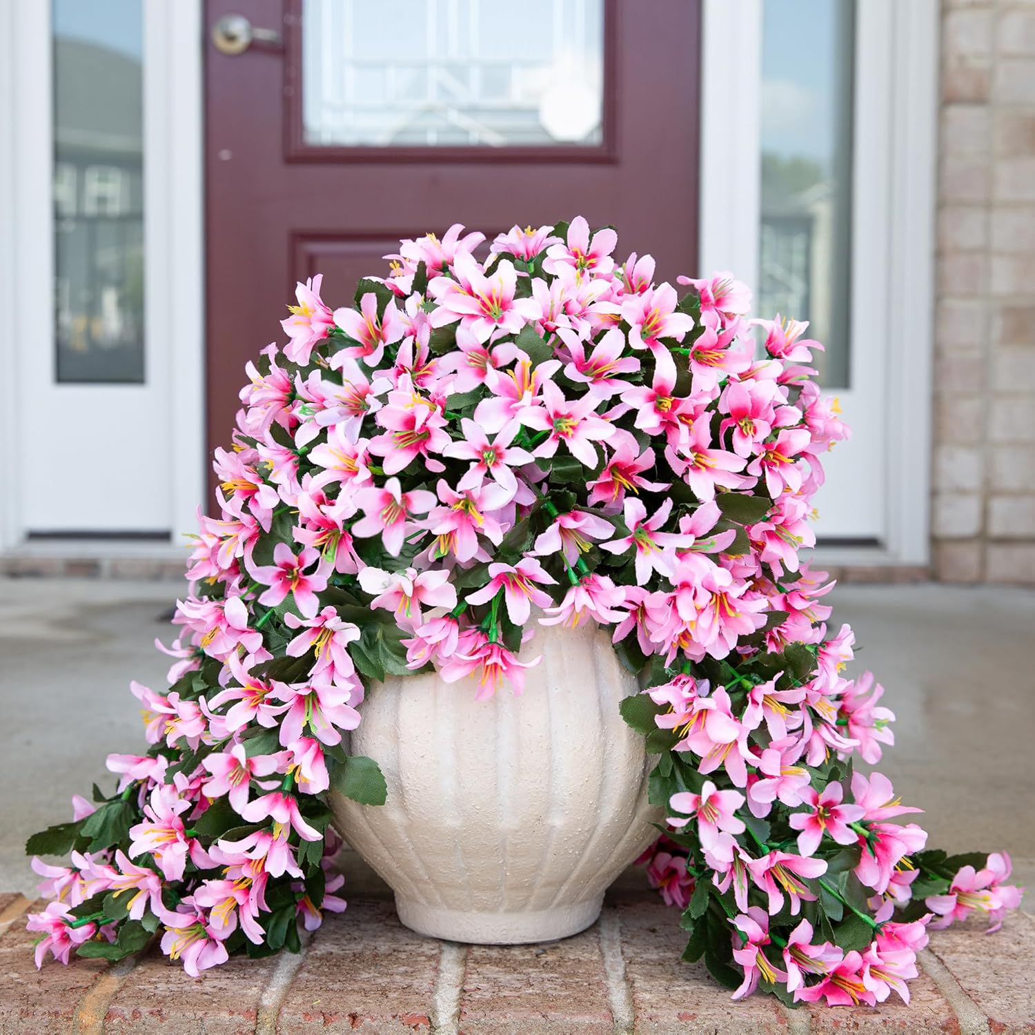 Artificial Fake Hanging Flowers Plants For Outdoors Decoration, Uv Resistant 2Pcs Faux Lily Flower Vines For Home Patio Porch Balcony Garden Yard, Pink