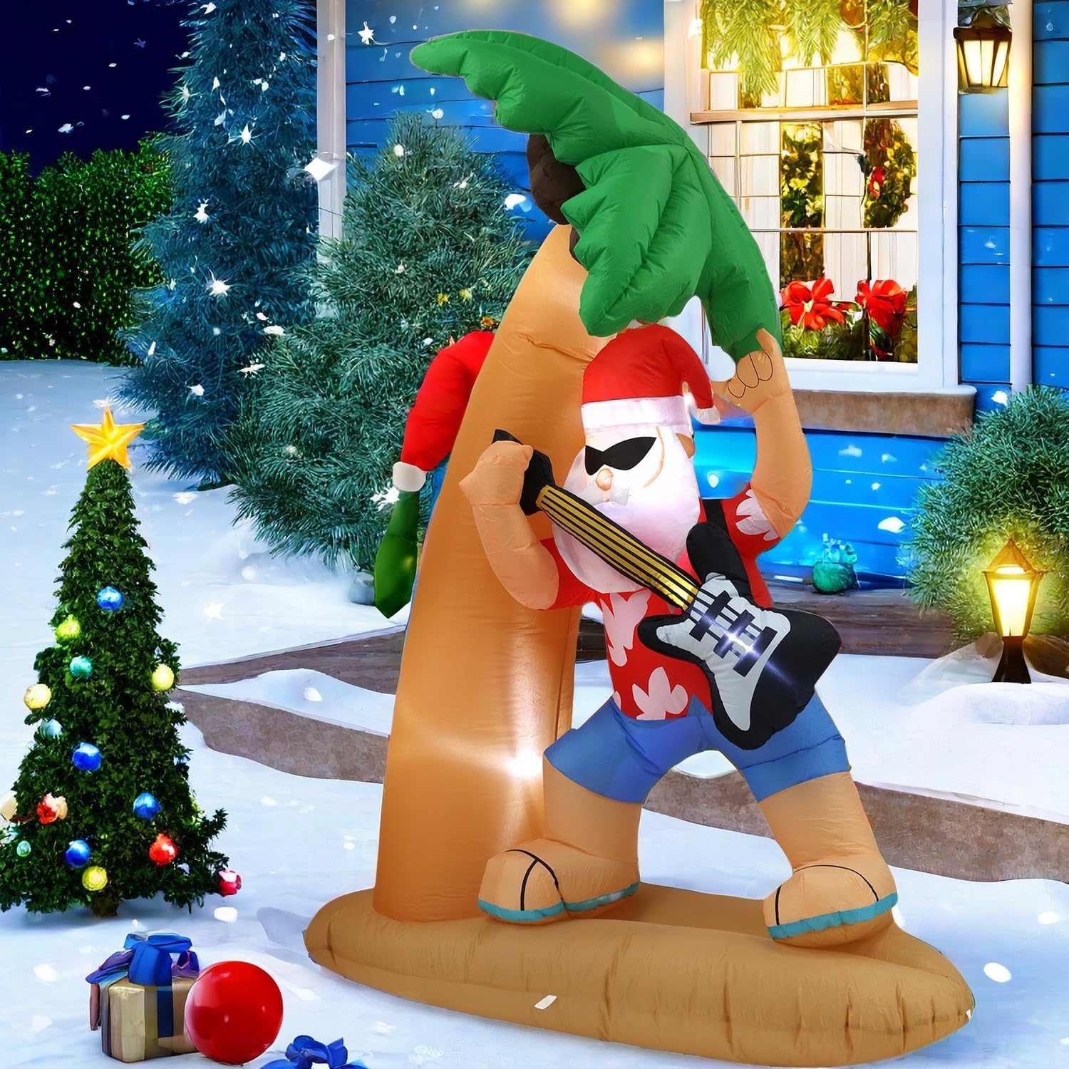 7Ft Santa Claus Playing Guitar Under Coconut Tree Christmas Inflatable Decoration With Led Lights, Suitable For Holiday