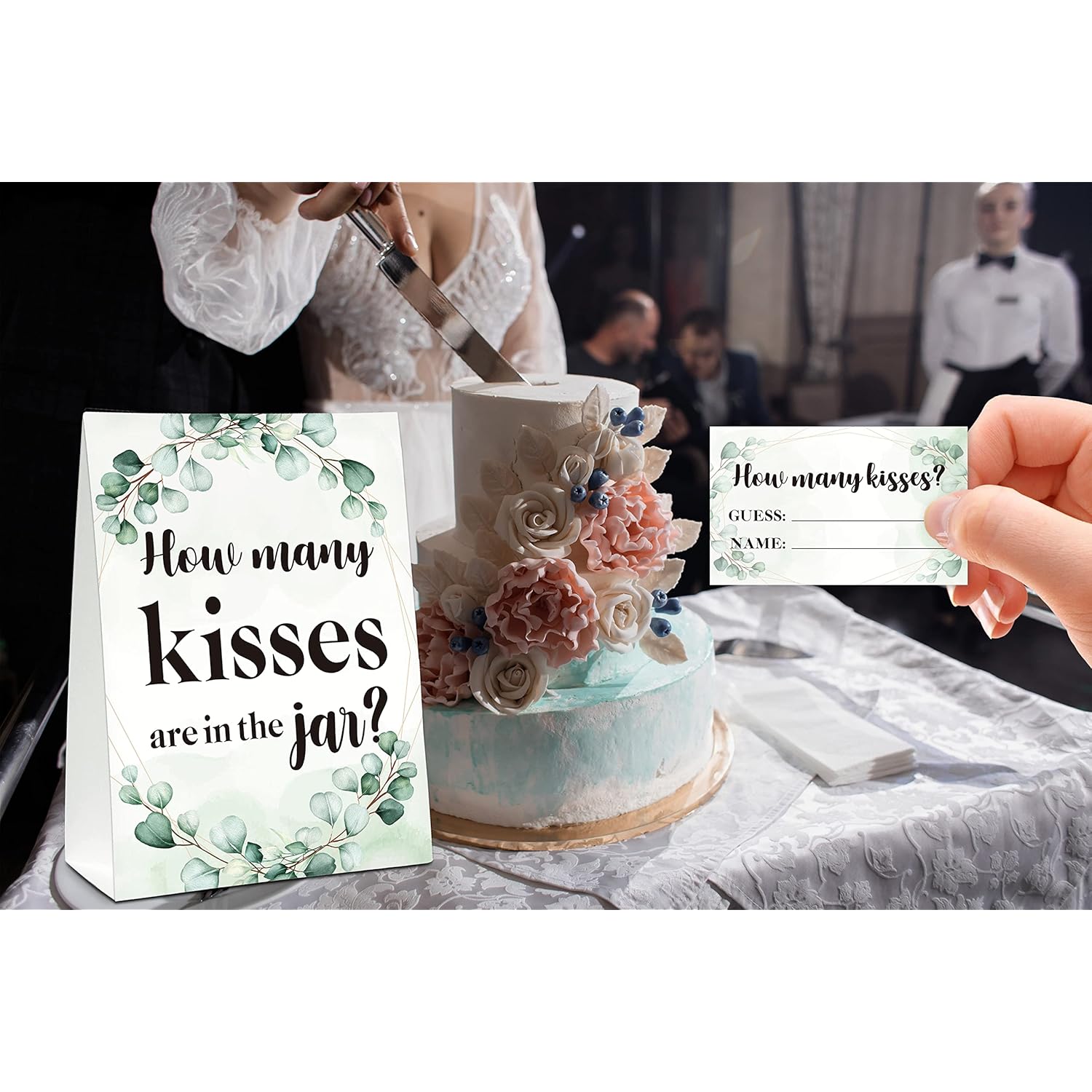 How Many Kisses Are In The Jar Sign, Greenery Bridal Shower Game, Eucalyptus Baby Shower Sign & Tickets, Wedding/Engagement Party Supplies Decorations - (1 Sign + 50 Find Cards) - 08