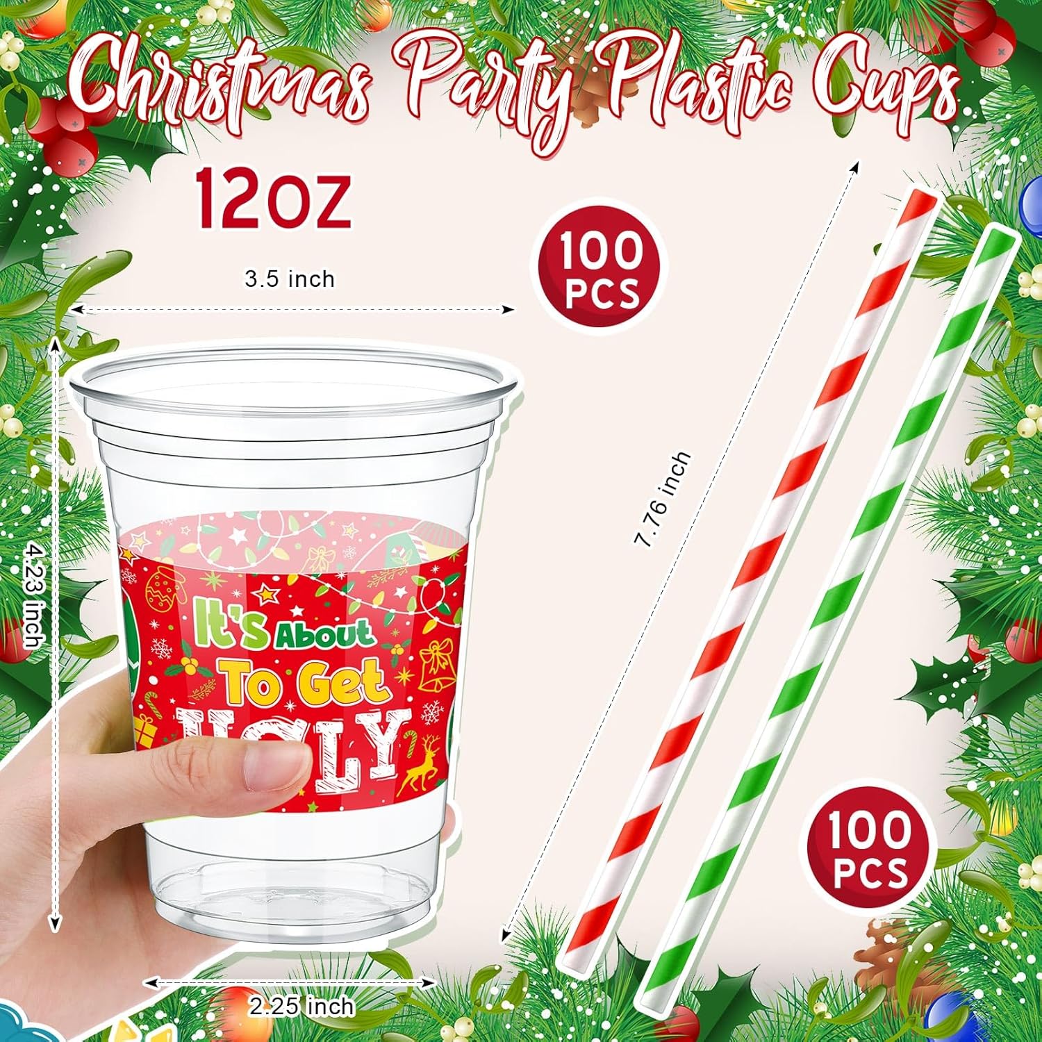 100 Pcs 12 Oz Christmas Ugly Sweater Plastic Cups With Straws Christmas Disposable Plastic Cups Winter Xmas Holiday Party Cup Bulk For Merry Christmas Party Supplies Xmas Party Decorations