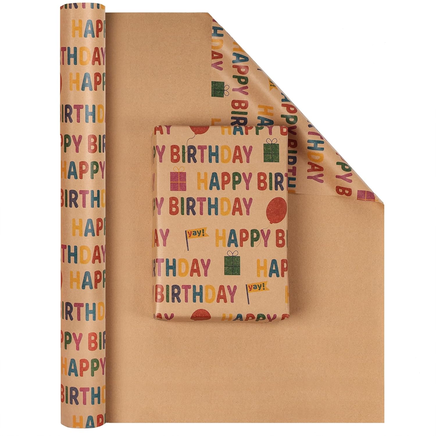 Birthday Wrapping Paper, Gift Wrapping Paper Roll, Kraft Wrapping Paper 17 Inch X 33 Feet, Colorful Happy Birthday Pattern For Boys Girls Kids, Great For Holiday, Party, Baby Shower
