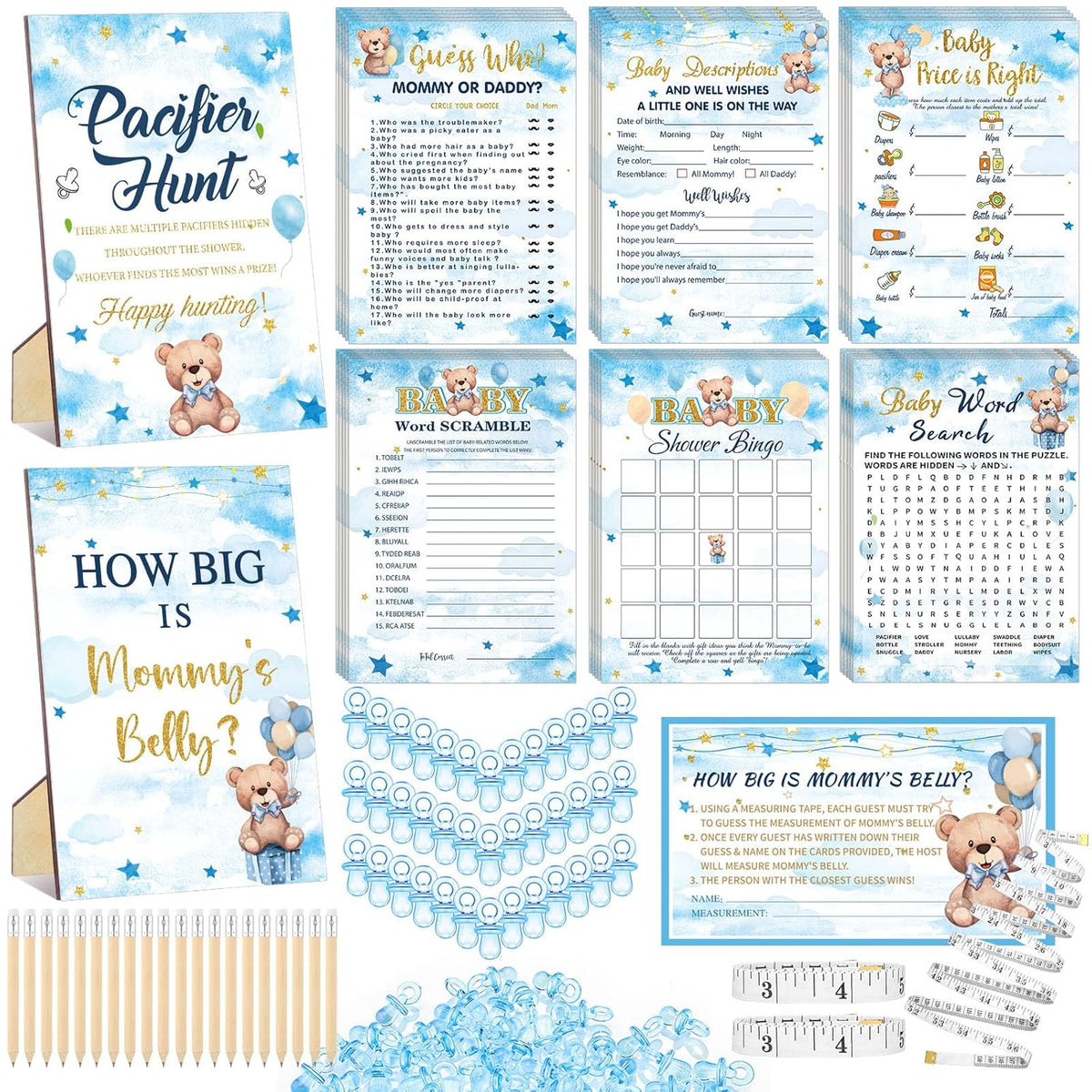 424 Pcs Blue Bear Baby Shower Games Supplies, 6 Sets 300 Activities Cards 1 Pacifier Hunt Sign 50 Acrylic Pacifiers 1 How Big Is Mommy'S Belly Sign 50 Guessing Card 2 Tapes 20 Pencils