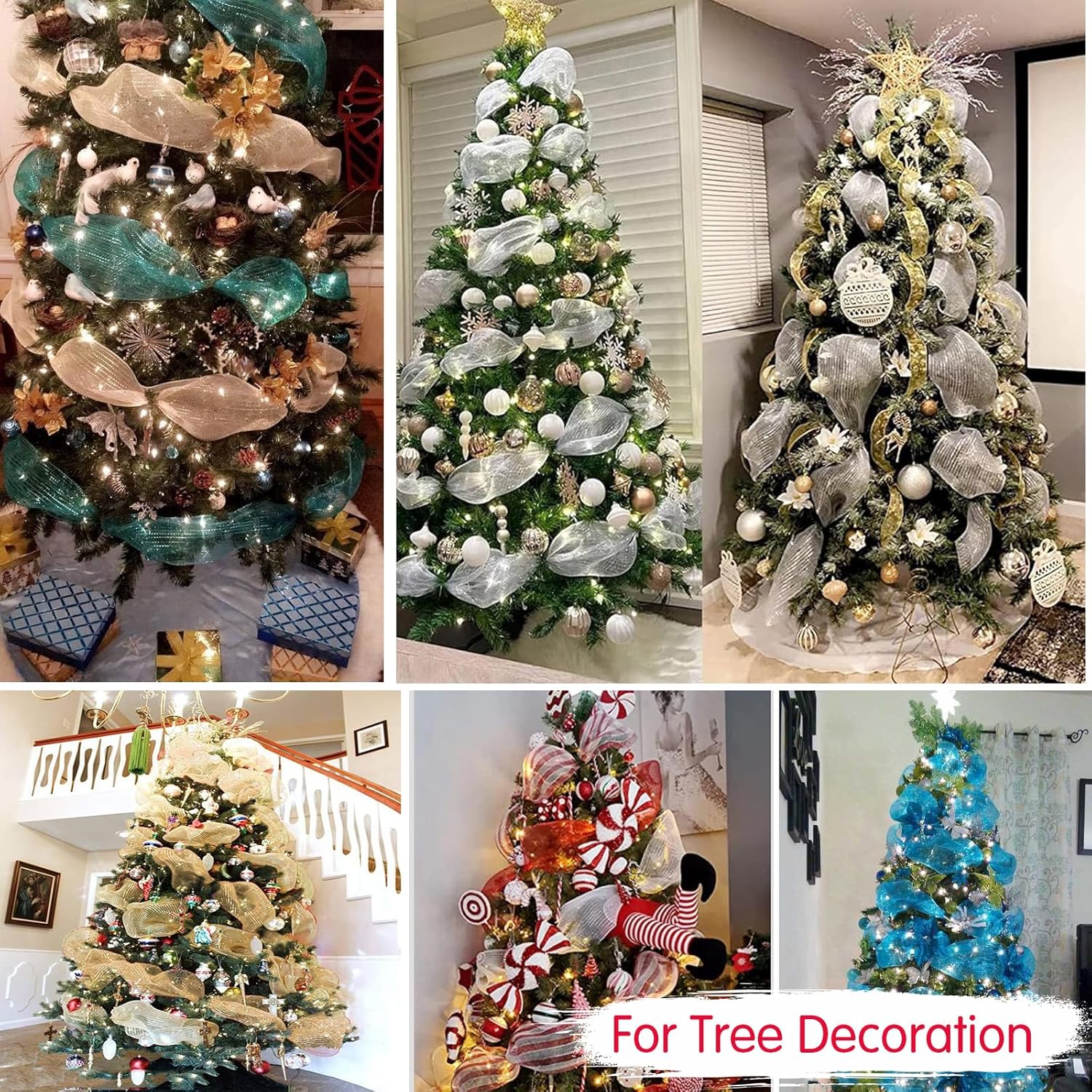 4 Roll 10 Inch Red Striped Decorative Mesh Ribbon Rolls, Fabric Mesh With Foil For Wreaths Front Door Decor Christmas Festival Party Accessories Party Decoration Supplies (10Yds/Roll