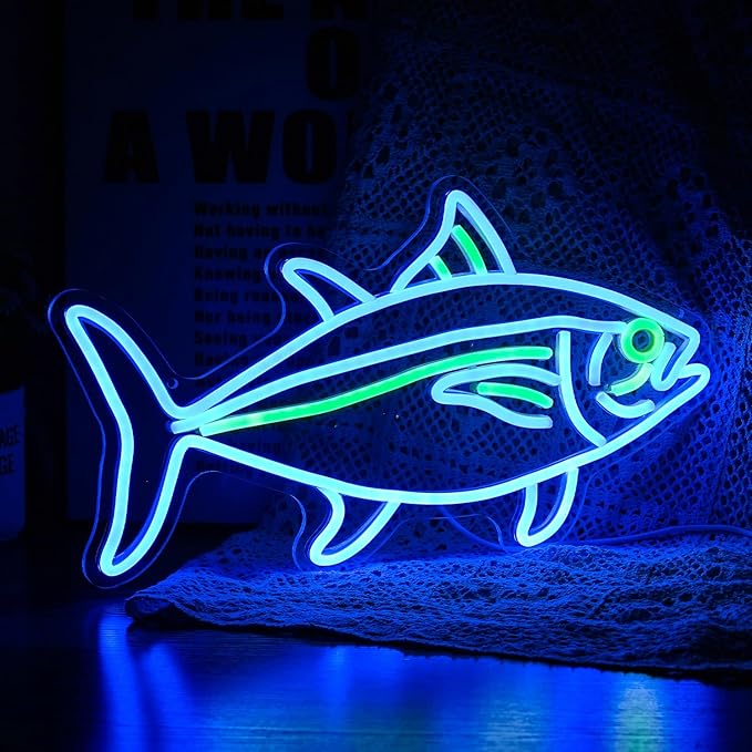 Tuna Neon Sign Blue Green Fish LED Wall Light Dimmable Ocean Decor for Bedroom Living Room Restaurant