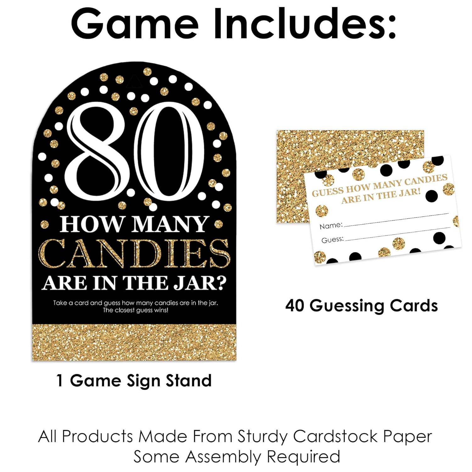 Big Dot of Happiness Adult 80th Birthday - Gold - How Many Candies Birthday Party Game - 1 Stand and 40 Cards - Candy Guessing Game
