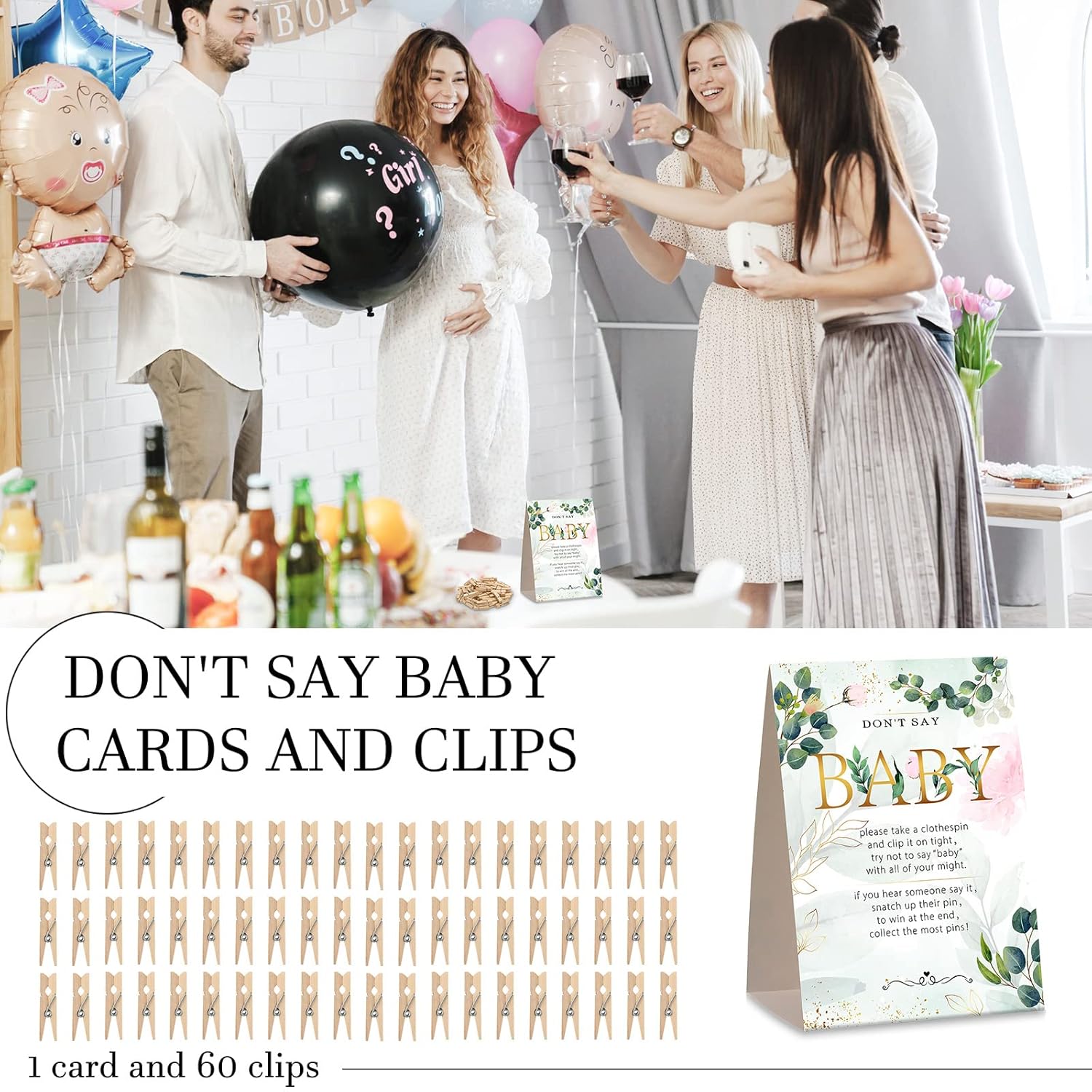 61 Pieces Don'T Say Baby Sign 5 X 7 Inch Baby Shower Games And 60 Mini Clothespins Shower Games For Guests Prizes With Pins For Gender Reveal Favors Party Decorations(Greenery Style)