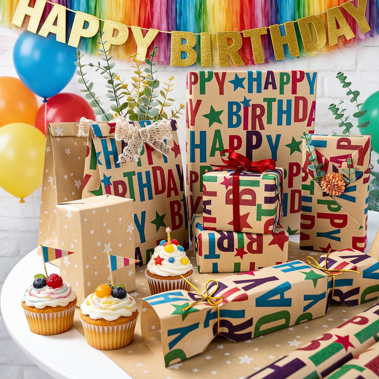 Reversible Birthday Wrapping Paper, Kraft Wrap Paper Mini Roll, Colorful Text Stars Happy Birthday Design For Holiday Party, 17.3 Inch X 32.8 Feet