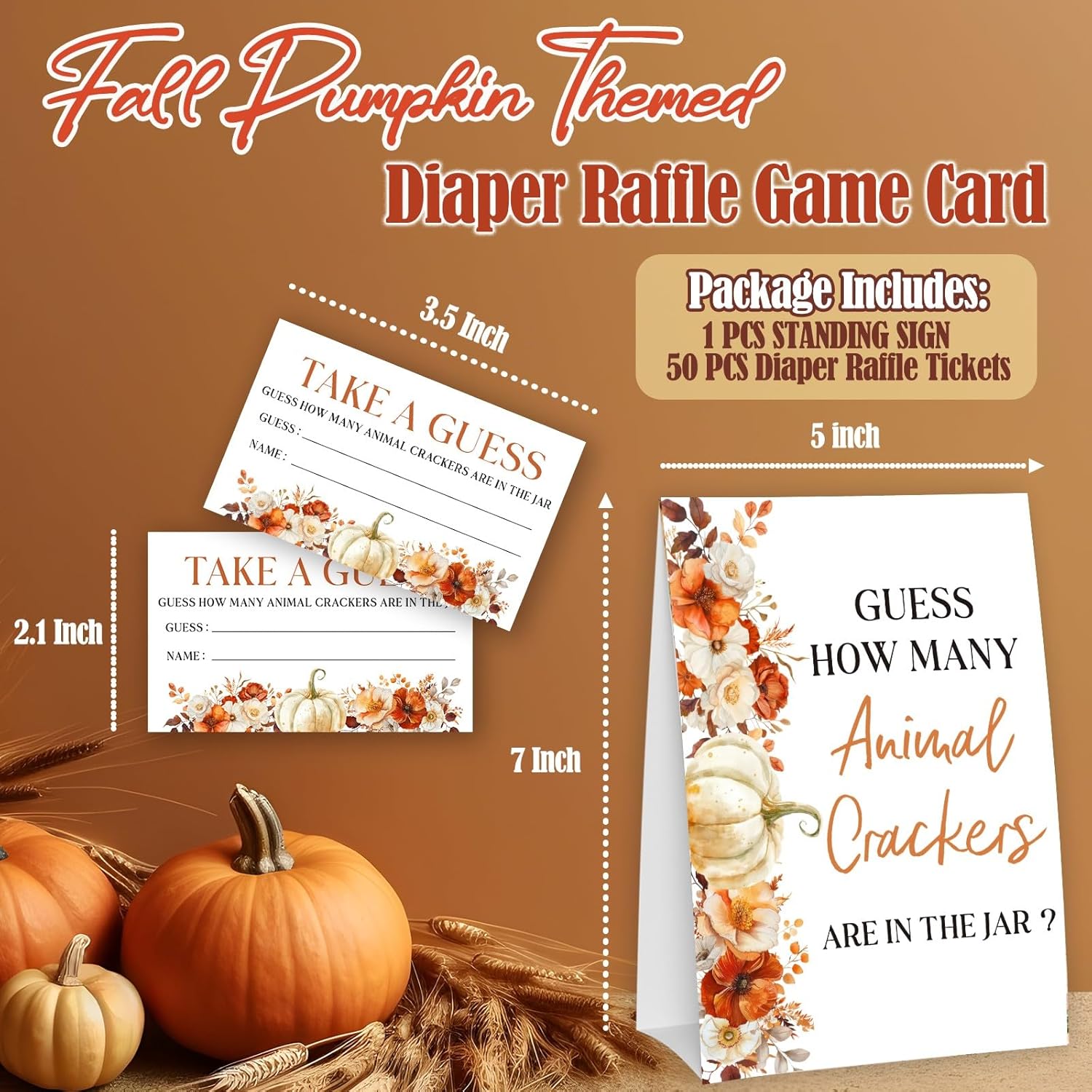 Little Pumpkin Guess How Many Animal Crackers - Thanksgiving Baby Shower Card Set (1 Sign With 50 Guess Cards), Fall Gender Reveal Party Favor Supplies -A11