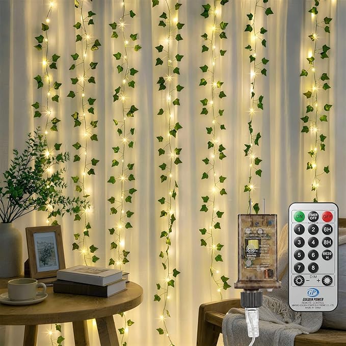 66FT Ivy Vine Fairy Lights Plug In 200 LED Warm White Leaf String Lights with Remote Connectable Waterproof for Bedroom Garden Party Wedding Decor