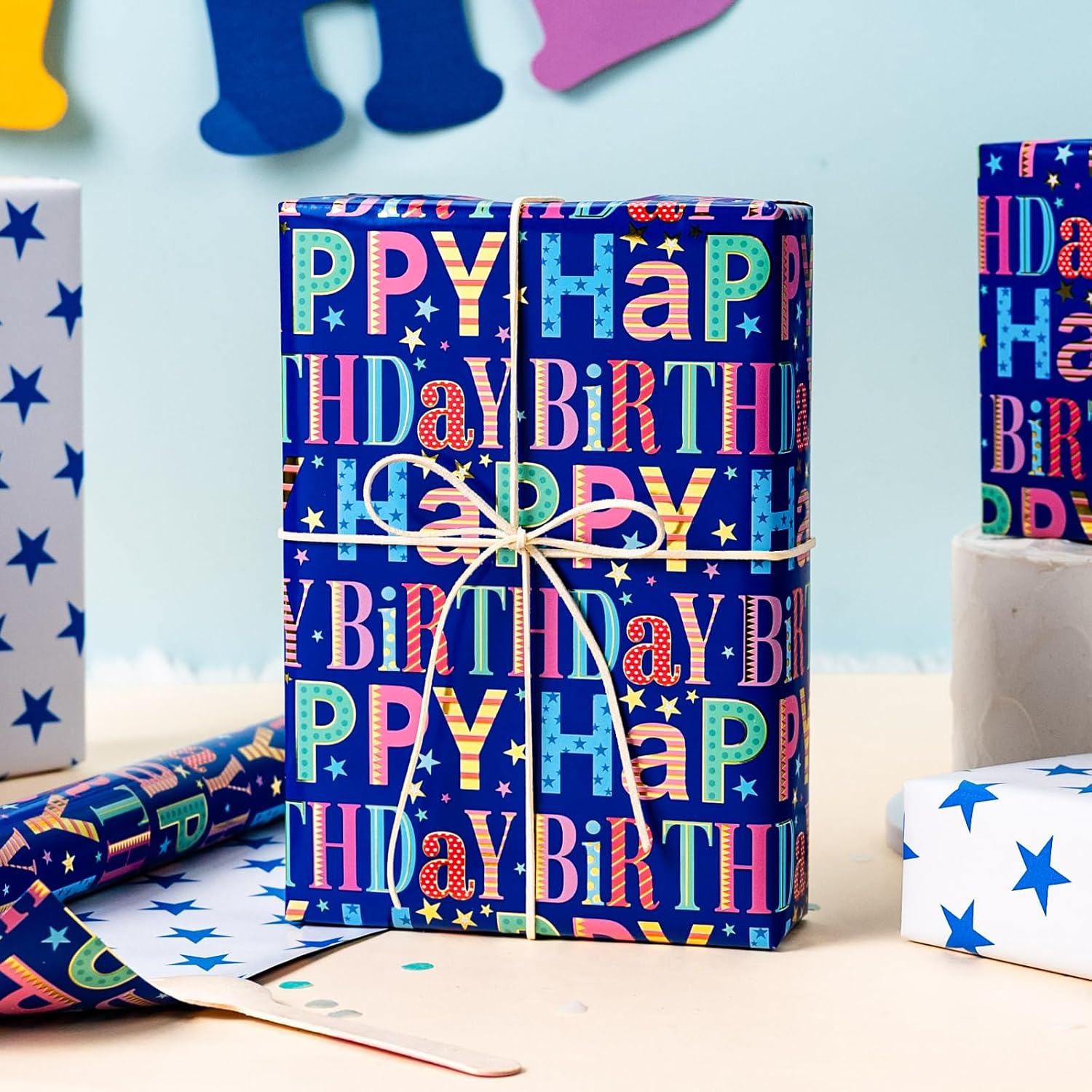 Blue Birthday Wrapping Paper Roll - Colorful Happy Birthday Letters With Metallic Foil Shine & Stars Reversible Gift Wrap For Boys Baby Shower, Party - Mini Roll - 17 Inch X 16.5 Feet