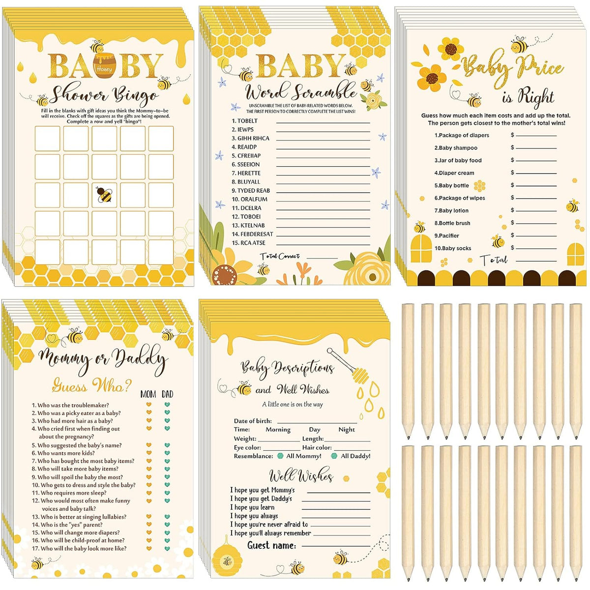 145 Pcs Bee Baby Shower Games Gender Neutral Set Includes 125 Pcs 5 Kinds Party Games 20 Pencils For Honeycomb Bee Baby Shower Decorations Favors Gender Reveal Party Supplies