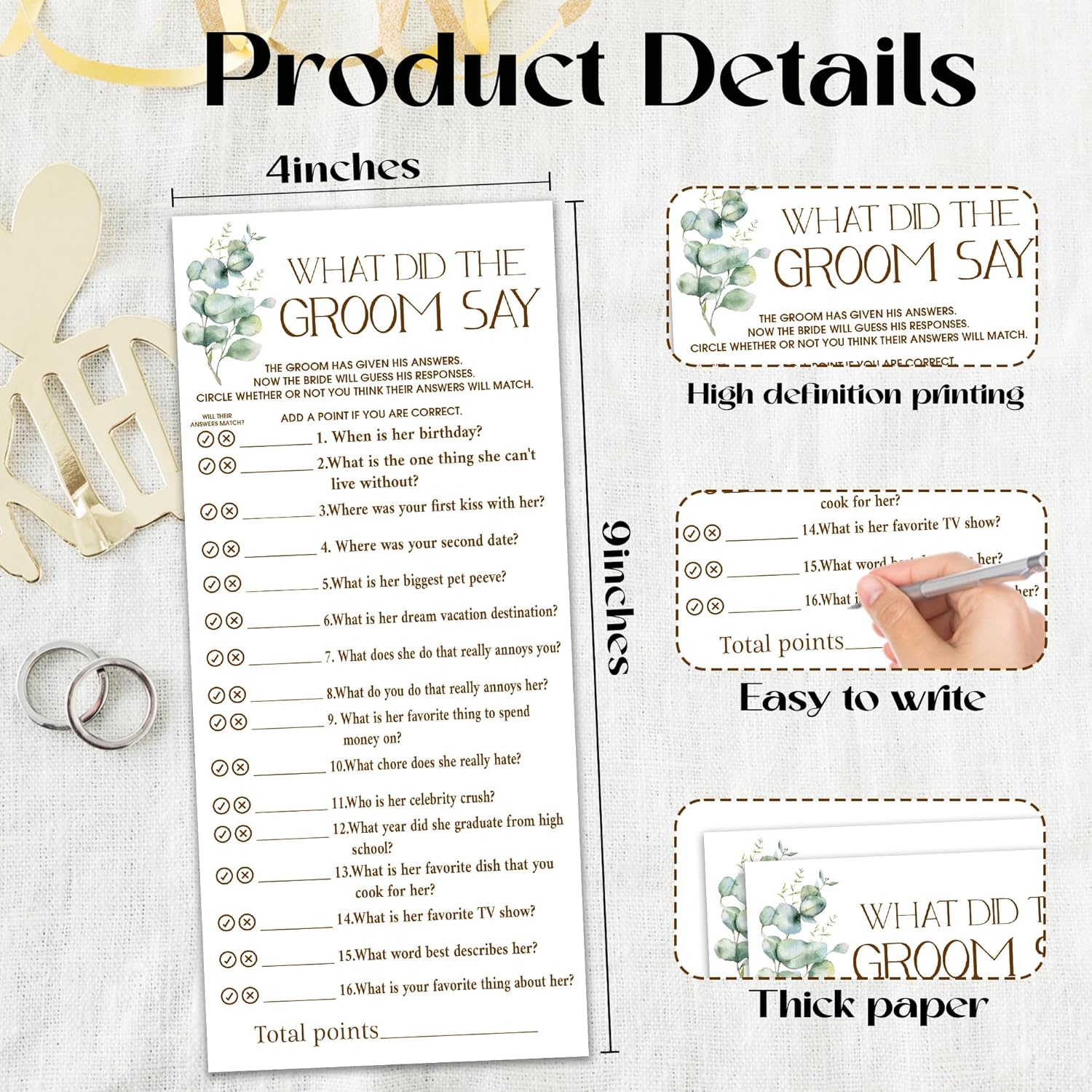 Bridal Shower Games What Did The Groom Say Card, Eucalyptus 25 Pack Wedding Games Cards For Guests(4X9 Inch), Minimalist Wedding Party Supplies-B07