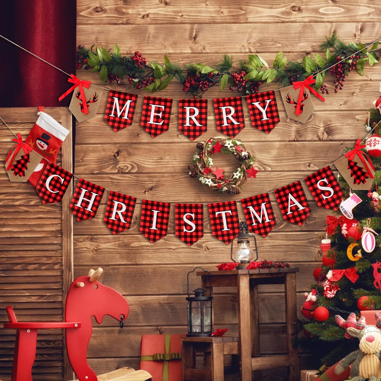 Merry Christmas Banner Burlap Garland & Vintage Xmas Banner For Fireplace Mantel - Black & Red Plaid Letters - Xmas Party Supplies