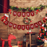 Merry Christmas Banner Burlap Garland & Vintage Xmas Banner For Fireplace Mantel - Black & Red Plaid Letters - Xmas Party Supplies