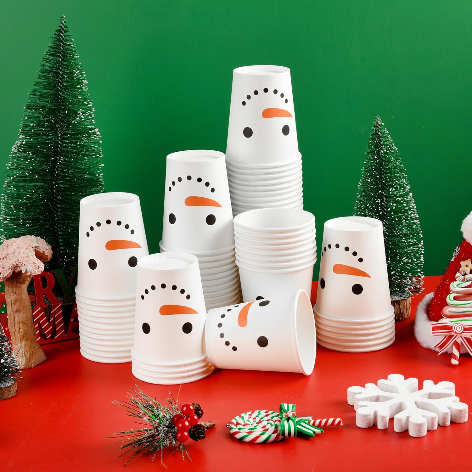 100Pcs Christmas Snowman Party Cups Xmas Disposable Paper Cups Festive Winter Smiling Snowman Face 9 Oz Drinking Cups For Beverage Hot Cold Drinks Holiday Merry Christmas Table Party Supplies