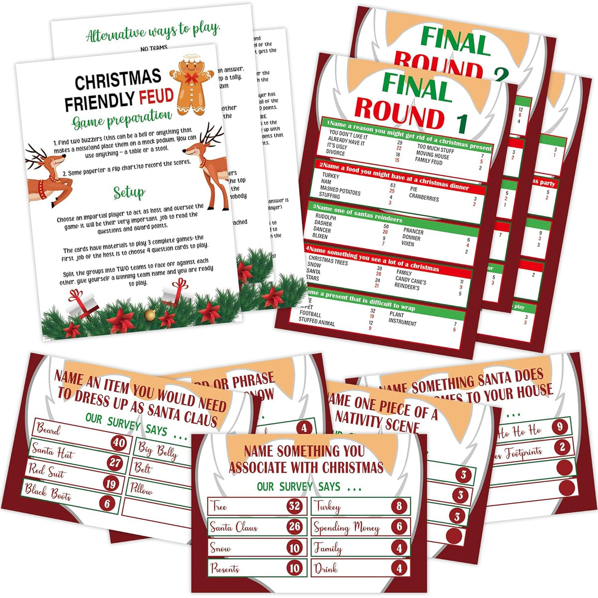 Christmas Friendly Feud Game, Friendly Feud Quiz, Baby Shower Game Cards For Adults, Family Activity, Feud Trivia Quiz, Games For Families Party Winter Party Supplies-Lp6