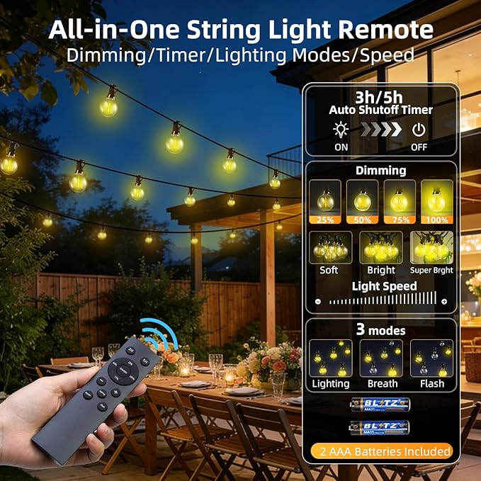100FT Solar G40 String Lights Waterproof Shatterproof Patio Lights with Remote Control