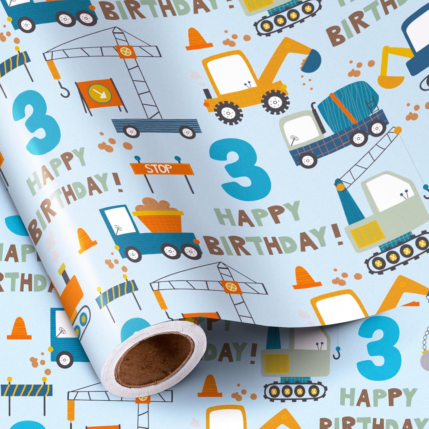 Blue Cartoon Cars & Trucks Birthday Wrapping Paper - 17" X 16.4Ft - 3Rd Birthday Boys