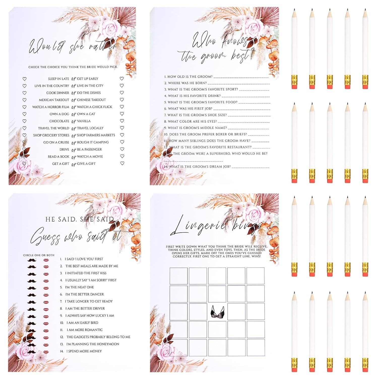Bridal Shower Games, 4 Fun Bridal Shower Games For 40 Guests With 20 Pencils, Double-Sided Boho Cards, Shower Games For Bride Groom Party Wedding (Boho)