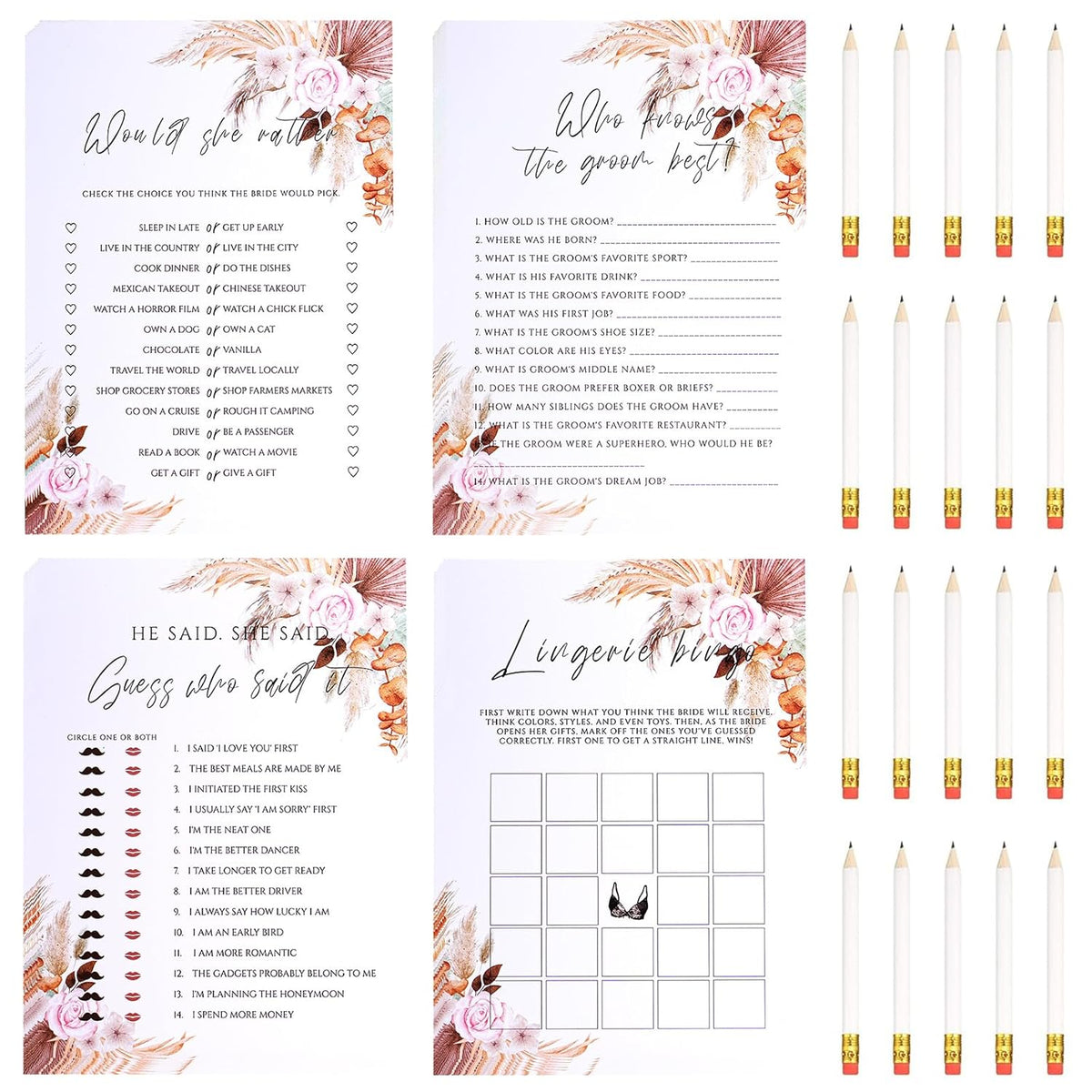 Bridal Shower Games, 4 Fun Bridal Shower Games For 40 Guests With 20 Pencils, Double-Sided Boho Cards, Shower Games For Bride Groom Party Wedding (Boho)