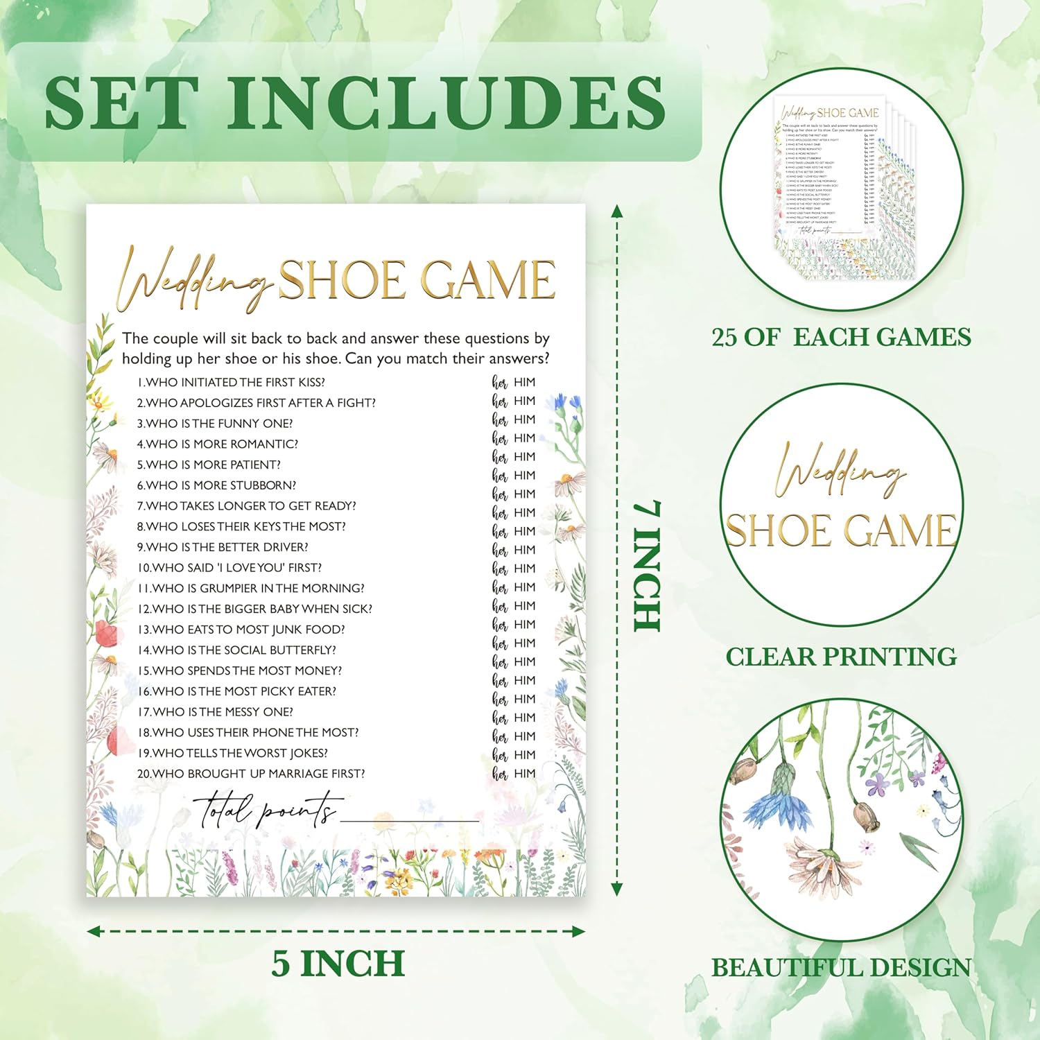 Wildflowers Games Cards, Wedding Shower Games Set, Wedding Shoe Bridal Shower Game, Spring Flower Themed Bachelorette Party Game, Engagement Party Decorations Supplies, Set Of 25 Cards-03