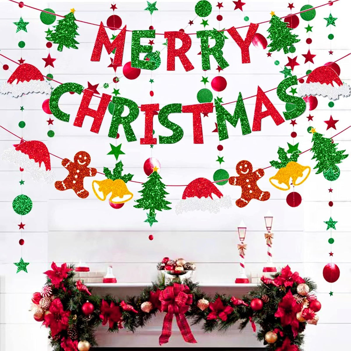 Merry Christmas Banner, Glitter Merry Christmas Banner And Glitter Christmas Signs Banner For Party Decoration, Red & Green Xmas Party Decorations For Home Wall Fireplace Party Supplies