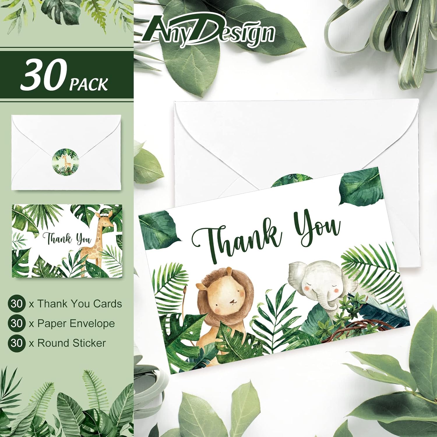 Woodland Thank You Cards With Envelopes Stickers Safari Jungle 30 Pack Watercolor Forest Animals Greenery Greeting Note Cards For Kids Girls Boy Children Birthday Baby Shower Party Supplies