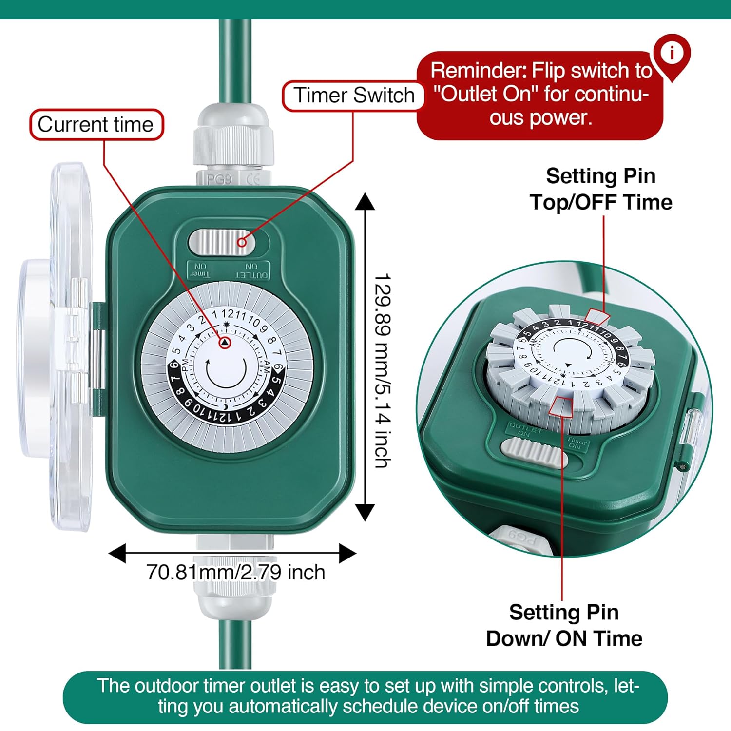 20 Ft Outdoor Extension Cord With Timer, Halloween Christmas Green Extension Cord, 16Awg Sjtw Cable With Weatherproof Covers For Christmas Lights Holiday Landscaping Decorations