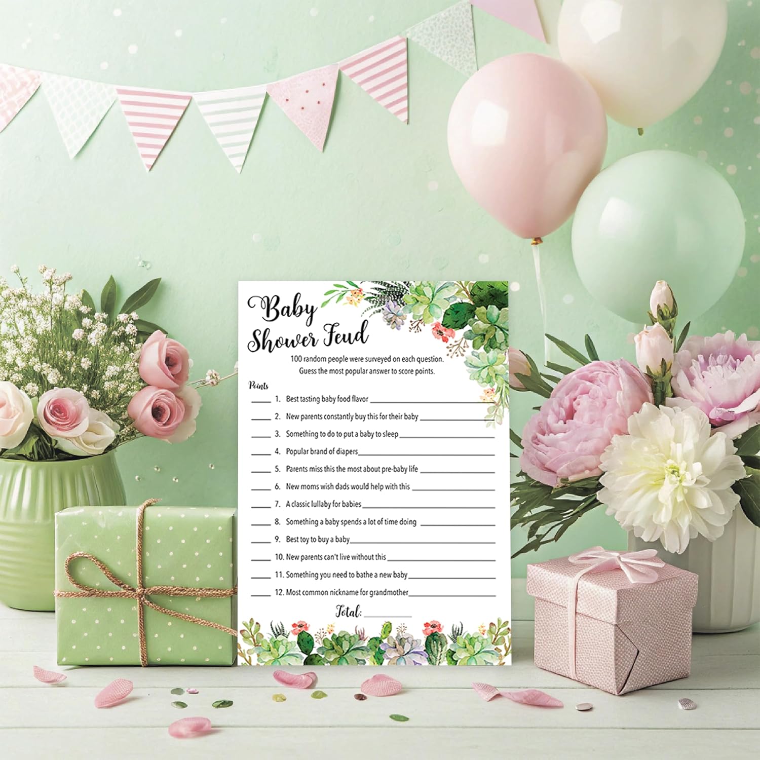 Succulents Baby Shower Feud Game — Pack Of 25 — Fun Shower Family Feud Game, Floral, Green, Succulent Trivia Couples Shower Activity, Greenery Rustic Gender Neutral Fued G300-Bsf