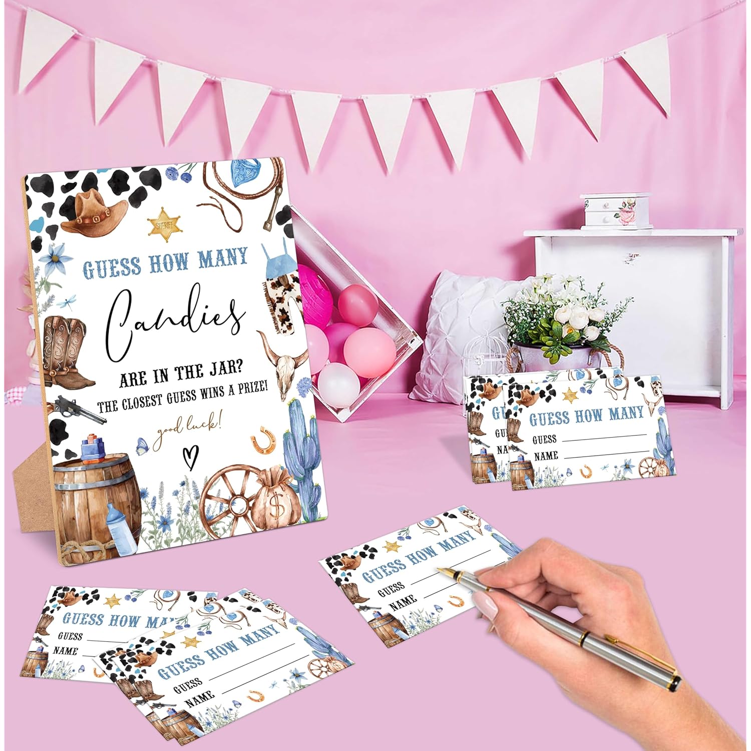 Cowboy Guess How Many Candies Are In The Jar Game, Pack Of 1 Wooden Tabletop Sign With Stand And 50 Guessing Cards, Wild West Rodeo Baby Shower Game, Gender Reveal Party Decorations - Wv11