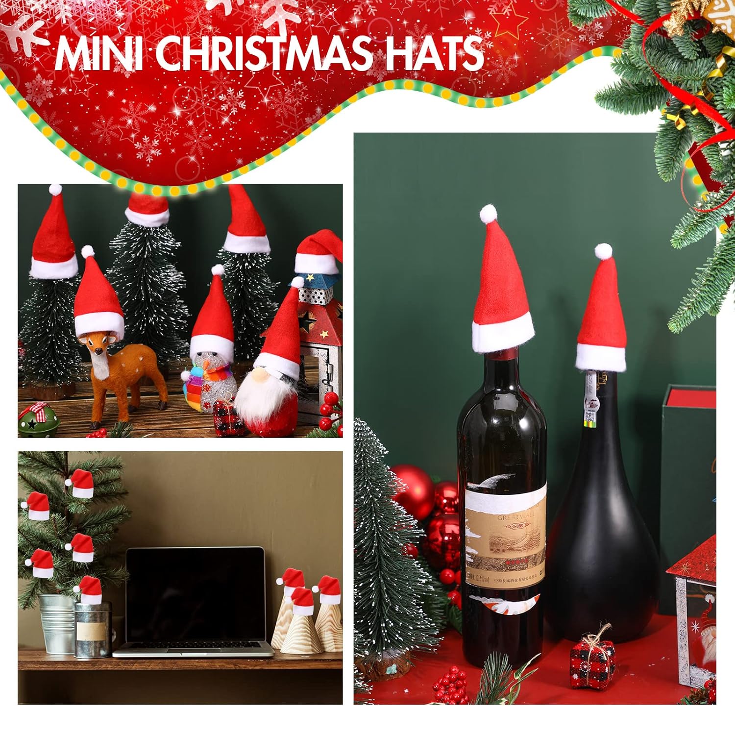150 Pieces Mini Santa Hats For Crafts Small Santa Hats Christmas Mini Wine Bottle Holder White And Red Santa Hat Christmas Lollipops Cover Cap For Xmas Tree Party Table Doll Dinnerware Decoration