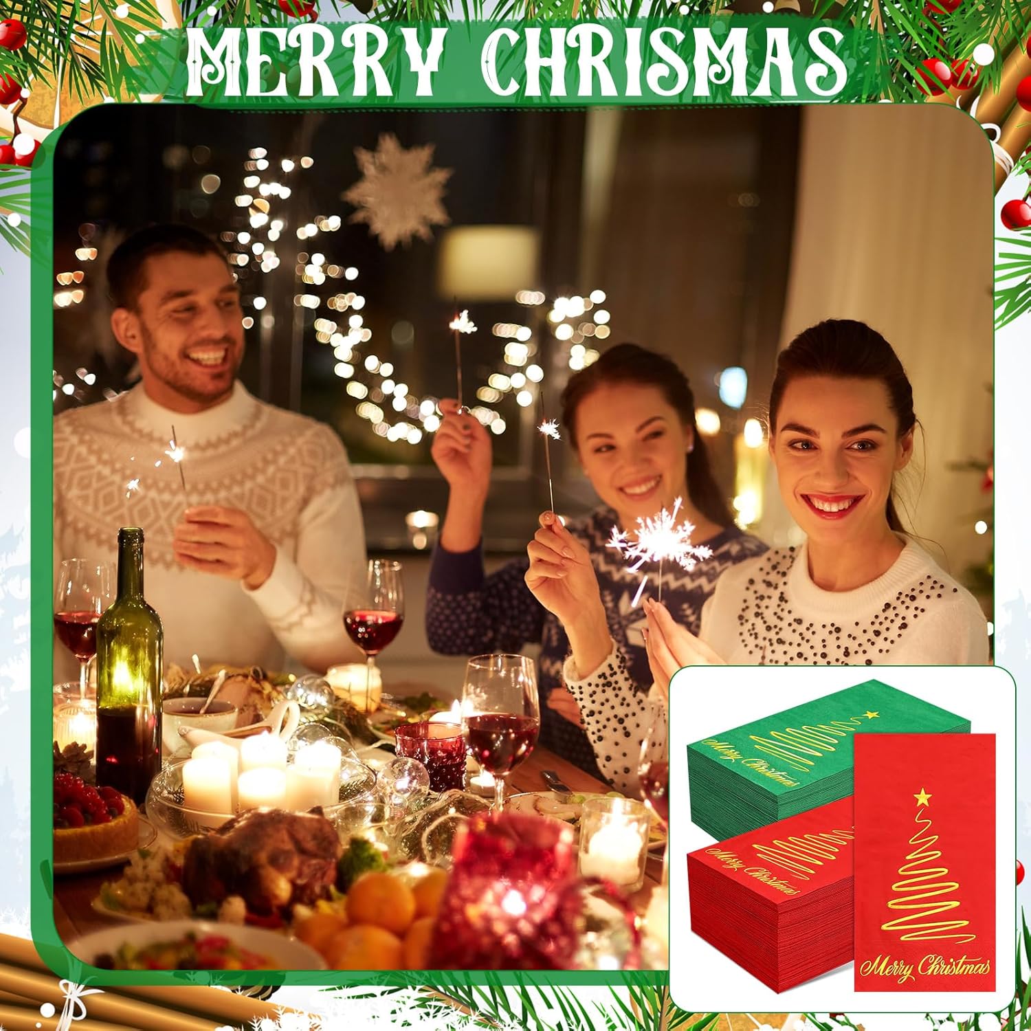 200 Pcs Christmas Guest Napkins Gold Foil Red Green Merry Christmas Paper Napkins Bathroom Disposable Hand Towels For Xmas Winter Party Supplies Bathroom Kitchen Decor