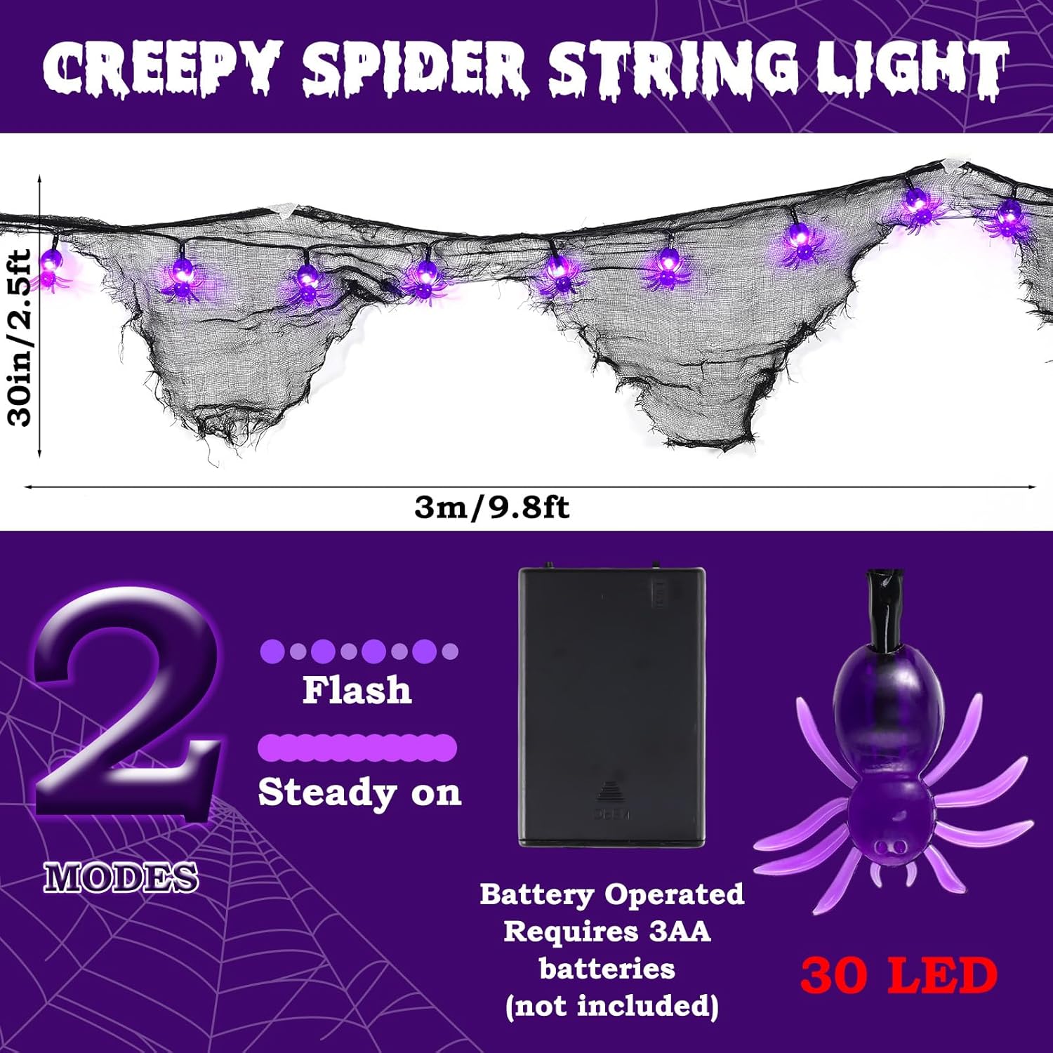 9.8 Ft Halloween Decorations Purple Spider Lights With Black Gauze 30 Led Battery Operated Fairy Lights For Patio Garden