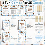 Cowboy Baby Shower Games For 25 Guests, Pacifier Hunt, How Big Is Mommy’S Belly, Don’T Say Baby, Baby Predictions And Advice, Baby Word Scramble, Emoji Pictionary, Mommy Or Daddy, The Price Is Right