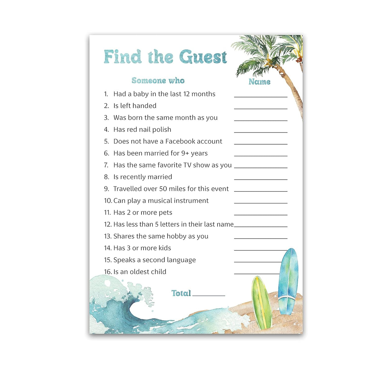 Surf Beach Theme — Find The Guest Baby Shower Game — Pack Of 25 — Baby On Board, Icebreaker Baby Shower Party Game, Blue Ocean Surfing, Gender Neutral Guess Who Came To The Party Game G940-Ftg