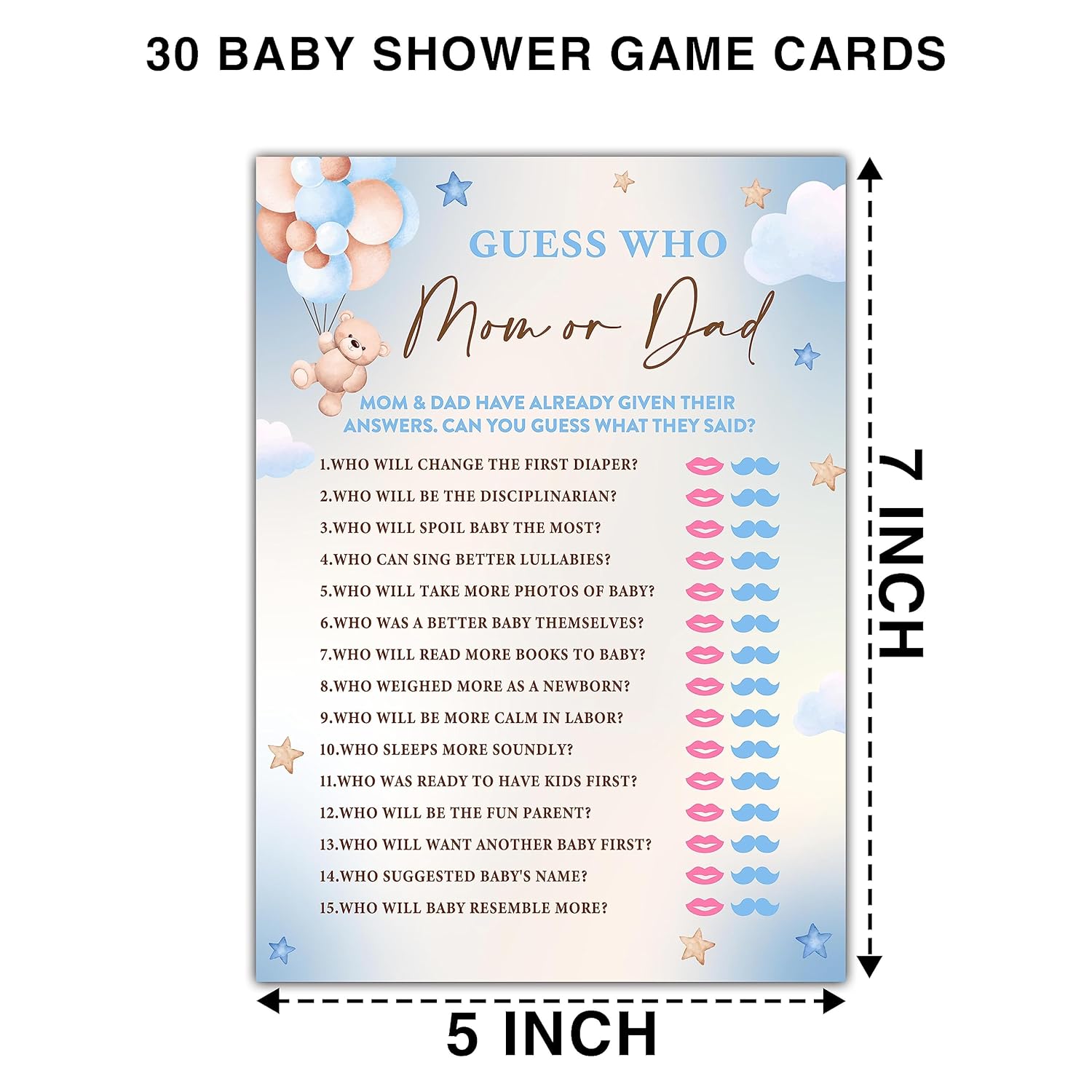 We Can Bearly Wait 30 Guess Who Mom Or Dad Game Cards, Gender Reveal Party Supplies Favors (5"X7") - F05