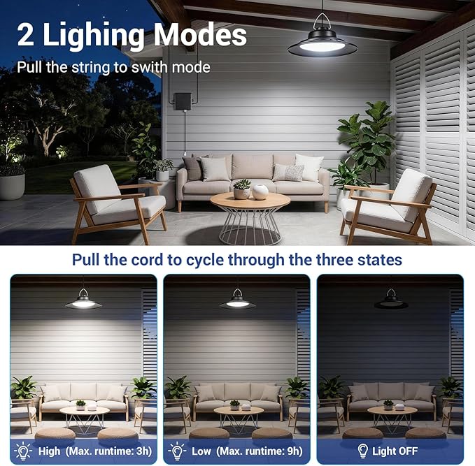Solar Shed Light 2000LM Indoor Outdoor Pendant Light with Pull String IP65 Waterproof