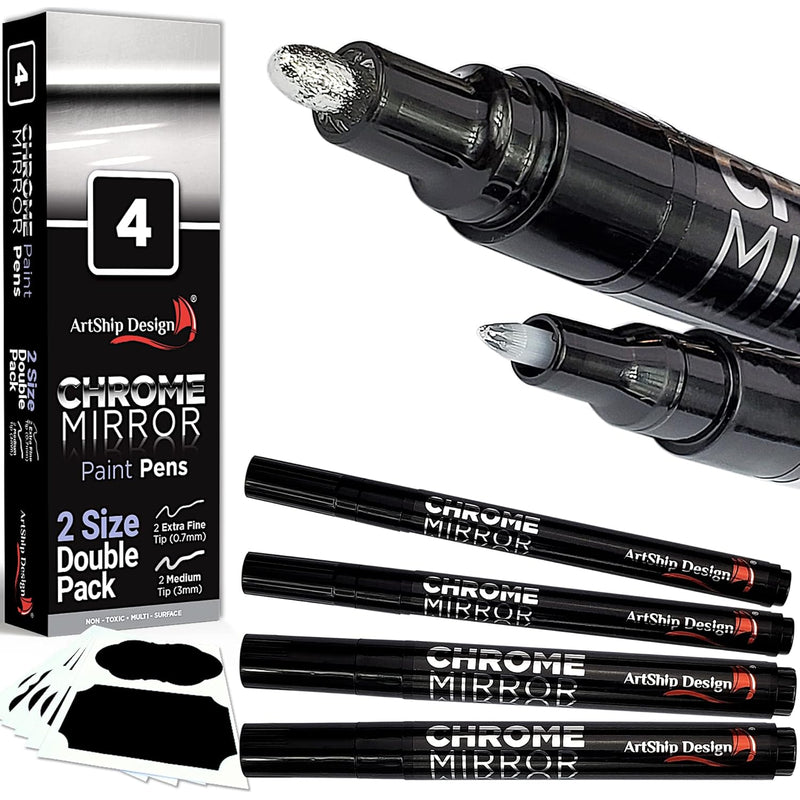 4 Chrome Mirror Paint Pens, Double Pack Of Both Extra Fine And Medium Tip Pain