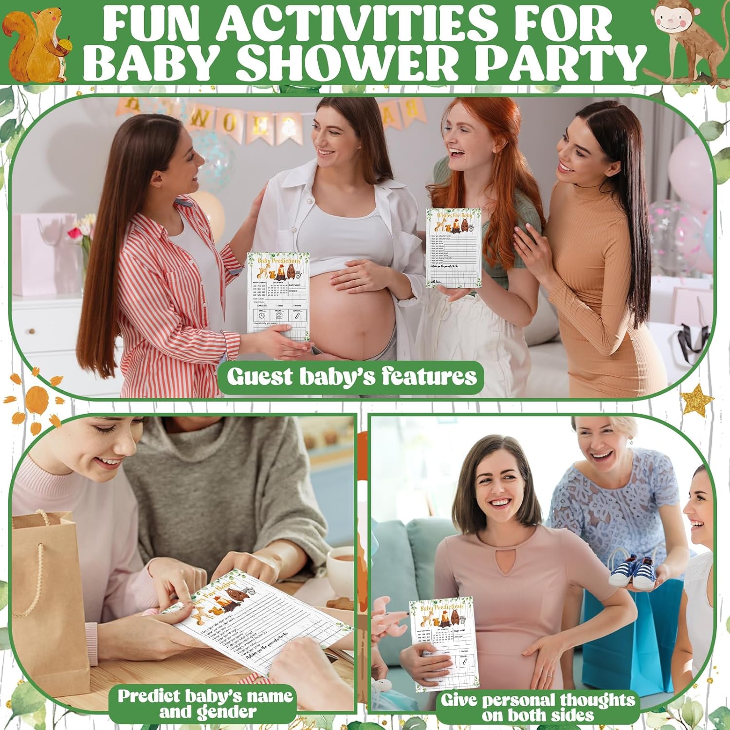 62 Pcs Baby Prediction Cards For Game Advice And Wishes Clothes Shaped Advice Cards Parents To Be Gender Neutral Baby Shower Games Fun Guessing Activities Box(Woodland)