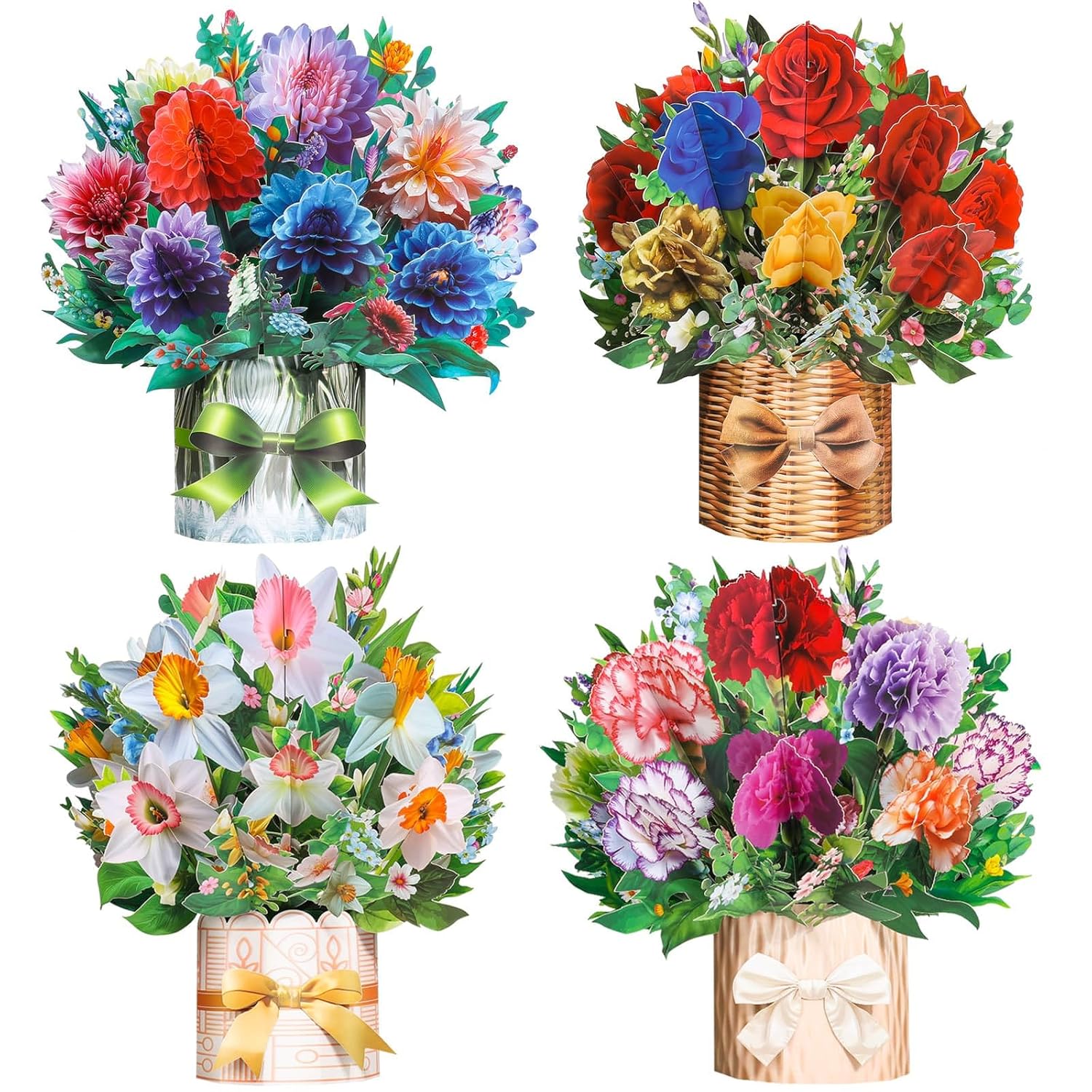 4 Pack Paper Flower Pop Up Cards, Flower Bouquet Card Popup 3D Greeting Cards For Mother'S Day, Graduation, Birthday, Get Well, Welcome Back Card With Envelope And Note