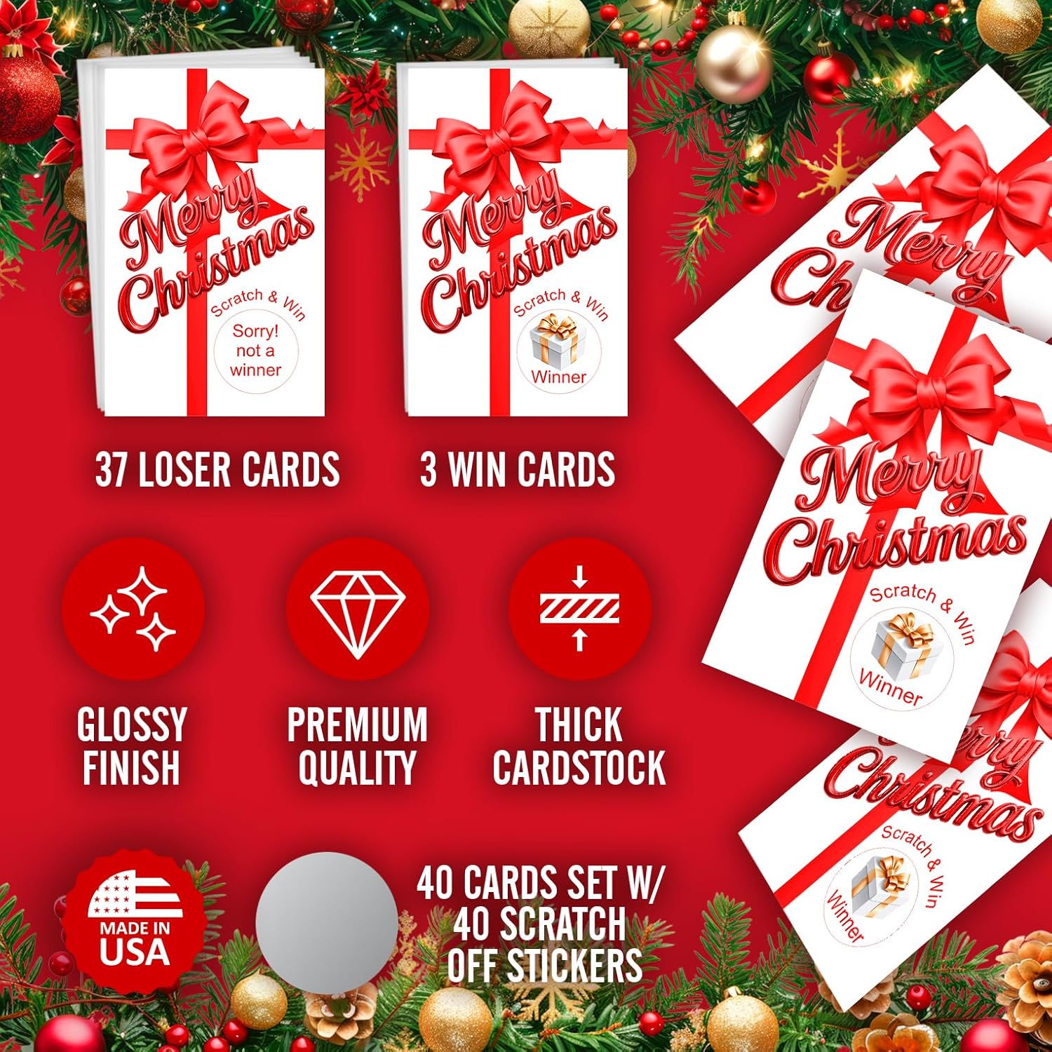 Gift Box Merry Christmas Game Scratch Off, Red Bow, Scratch & Win, Easy To Play Silly Games, Fun Idea, Ice Breaker Activity. Raffle Cards, Set Of 40 Cards Made In Usa