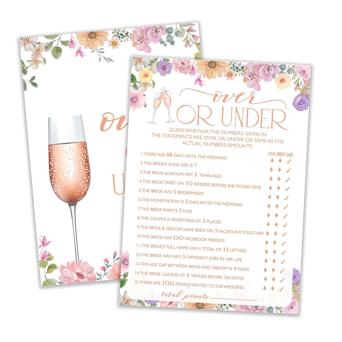 Wildflowers Wedding Games, Over Or Under, 25 Guest Party Pack, Adults, 5X7 Inches, Perfect For Bridal Showers & Engagement Parties