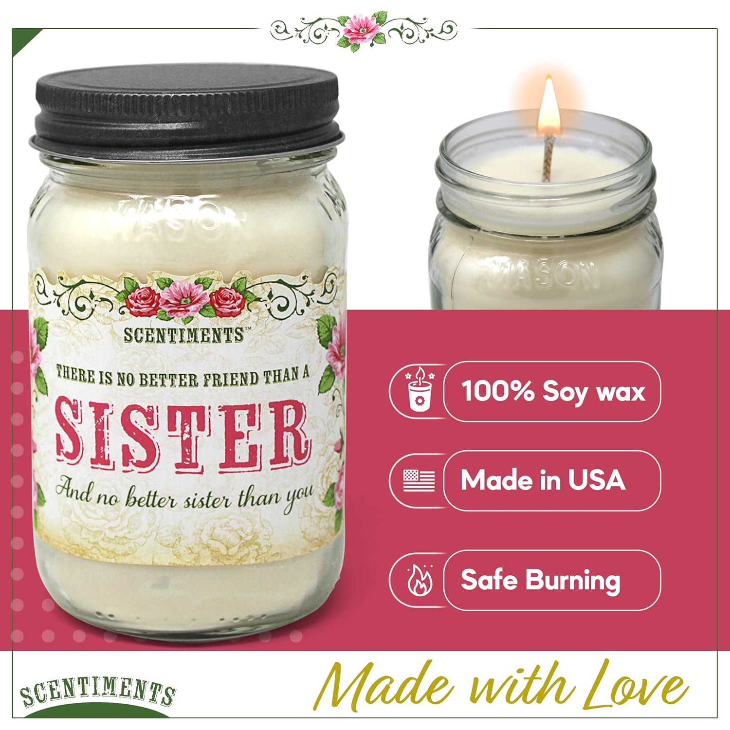 16Oz Cinnamon Scented Soy Candle – Rustic Mason Jar Candle Gift For Mom Or Sister, Highly Scented & 80+ Hour Clean Burn