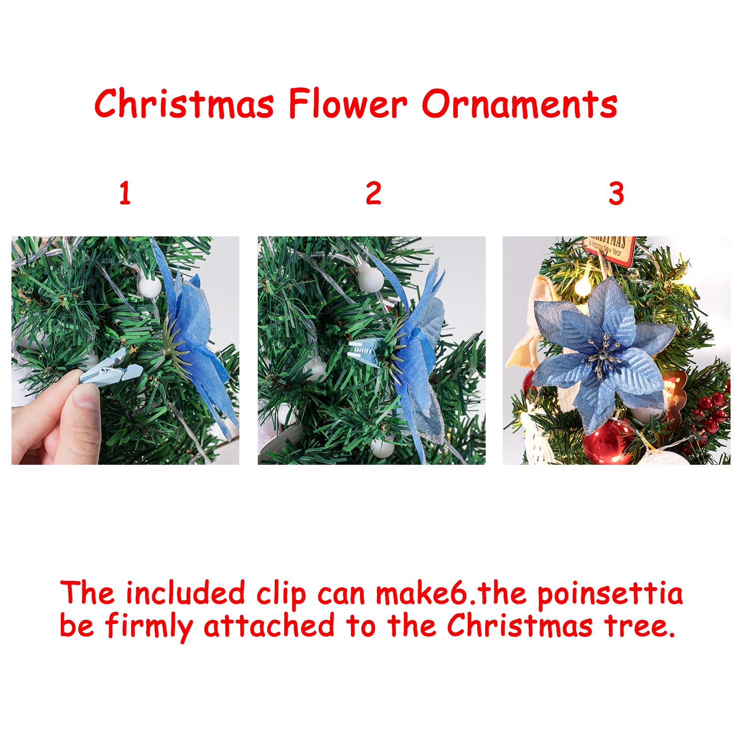 24 Pcs Blue Poinsettia Artificial Christmas Flowers With 24 Pack Clips, Glitter Christmas Tree Ornaments Xmas Wedding Party Decor (13 X 13 Cm)